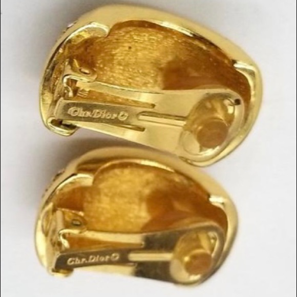 CHRISTIAN DIOR Signed, Vintage Crystal & Gold Tone Clip-On Huggie Hoop Earrings - Picture 9 of 9